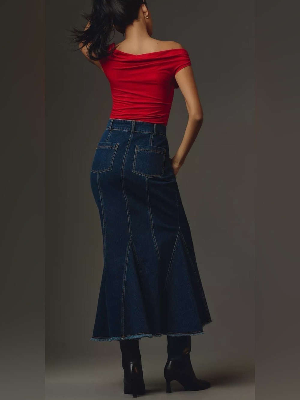 Pilcro Anthropologie Dark Wash Fluted Denim Maxi Skirt Petite 2P - Picture 2 of 7